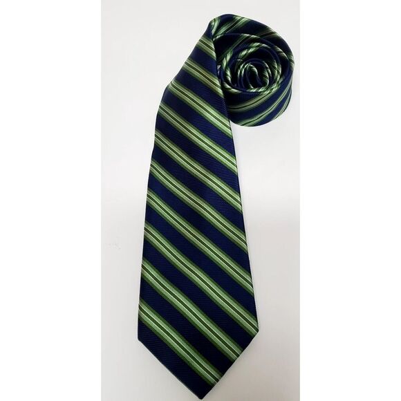 CHAPS Necktie 100% Silk Navy/ Green/ Ivory Tradition Diagonal Stripe Classic Tie - Picture 2 of 10